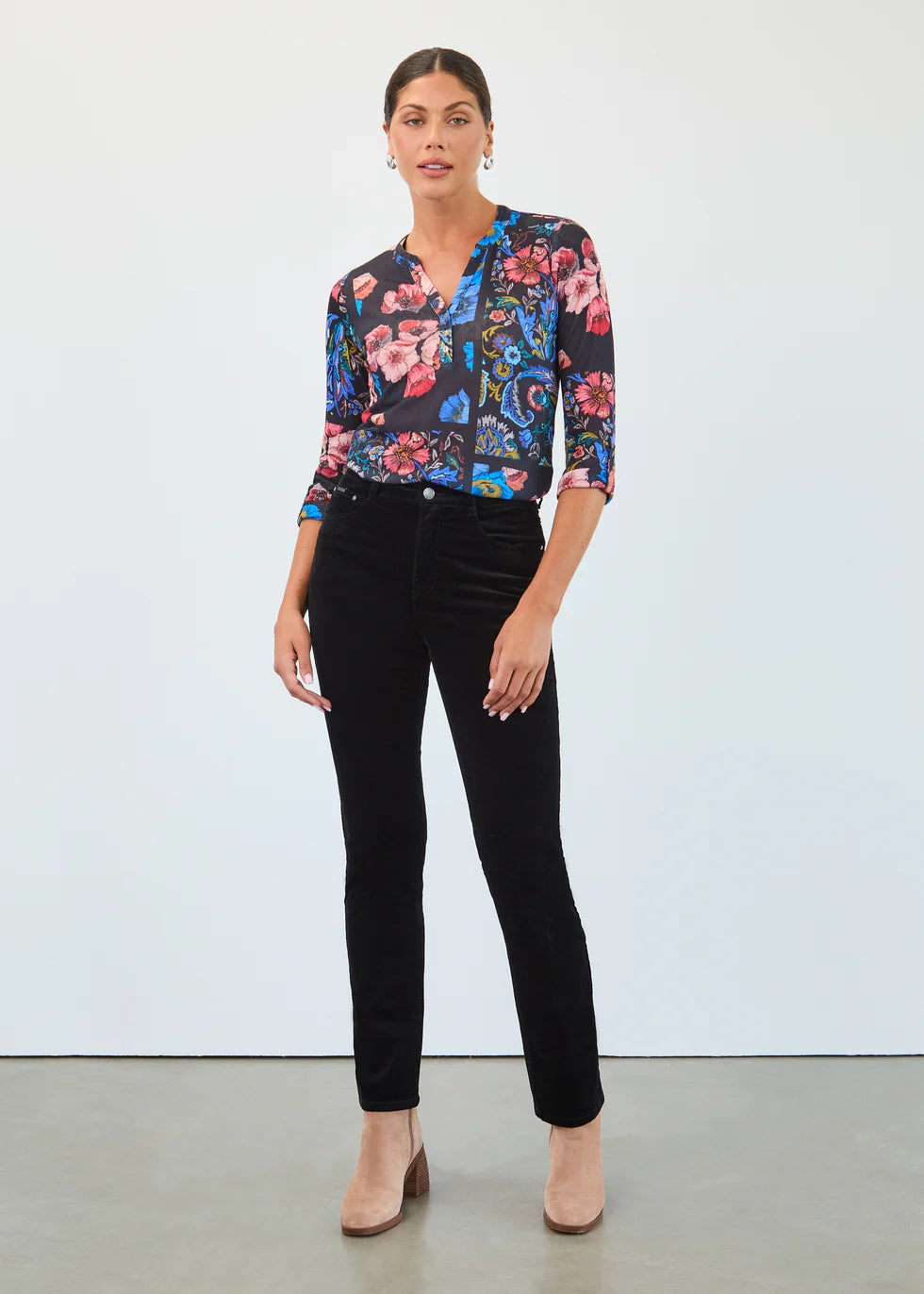 FDJ French Dressing 3/4 Sleeve Henley Botany Patchwork Top (3799451)