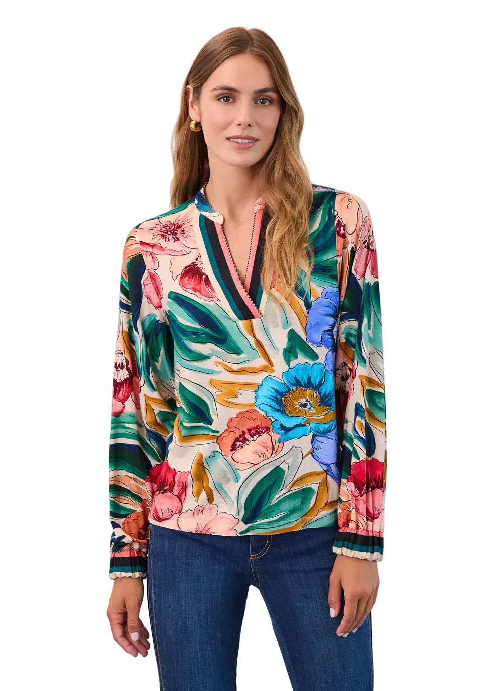 FDJ French Dressing Border Stripe V Neck Botany Watercolor Top (3800153)