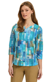 FDJ French Dressing Blue Rockefeller  Print Notch V-Neck Top (TURQ/MULTI)(3839451)