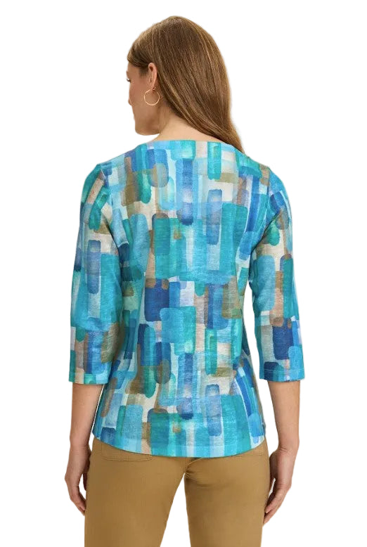 FDJ French Dressing Blue Rockefeller  Print Notch V-Neck Top (TURQ/MULTI)(3839451)