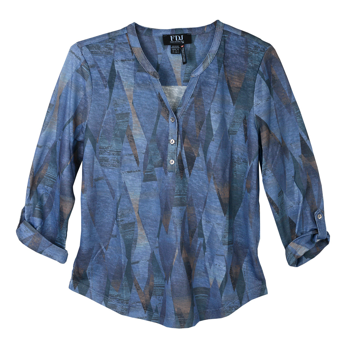 FDJ French Dressing Artist Print Tab Sleeve  V-neck Popover (3875153)(Indigo Leaf Rain)