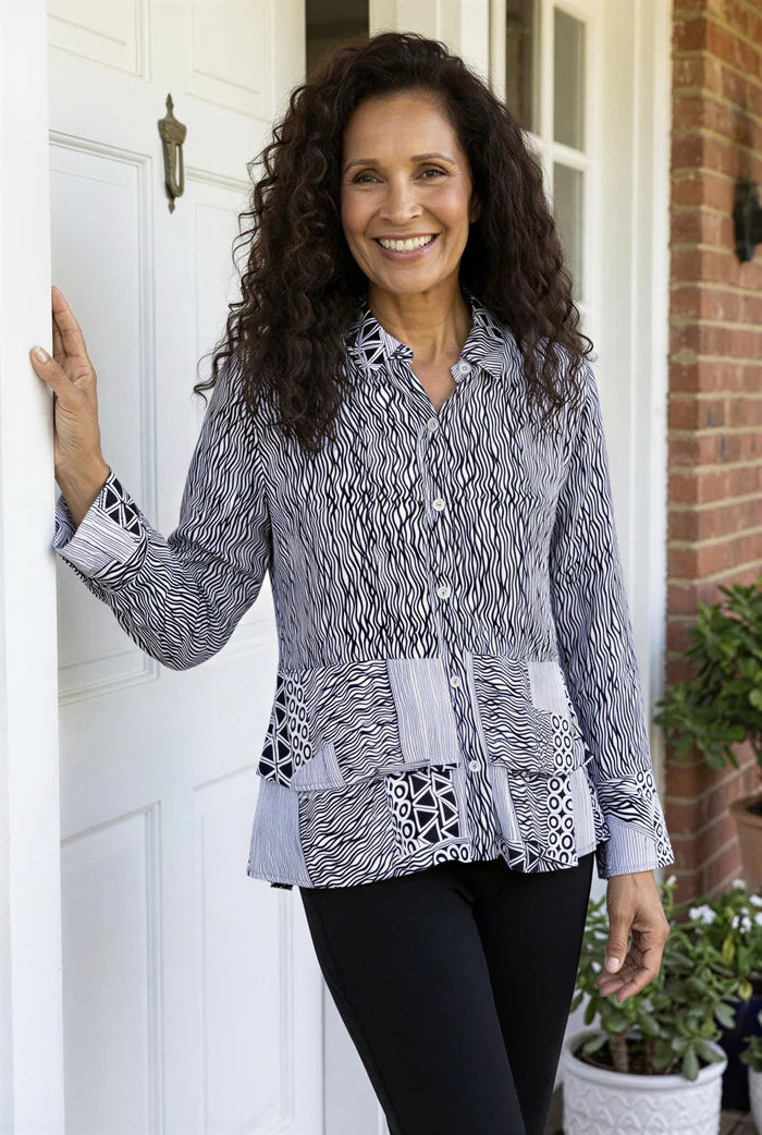 Habitat Bali Crepe Flounce Button Front Shirt (Black)(39425)