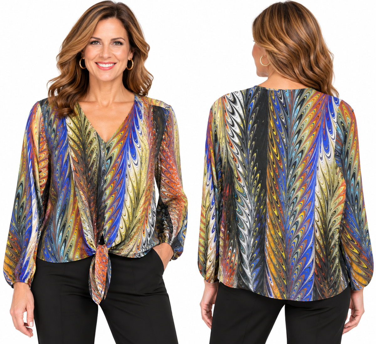 APNY V-Neck Tie front Pullover Prismatic Harvest Top (B-54P/C-953D/NC) (Multi)