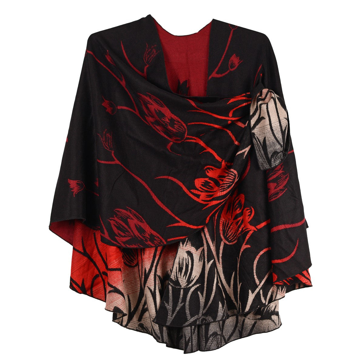 Rapti 100% Cashmere Reverse Loop Shawl (#39) RED/BLK/WHT TULIP