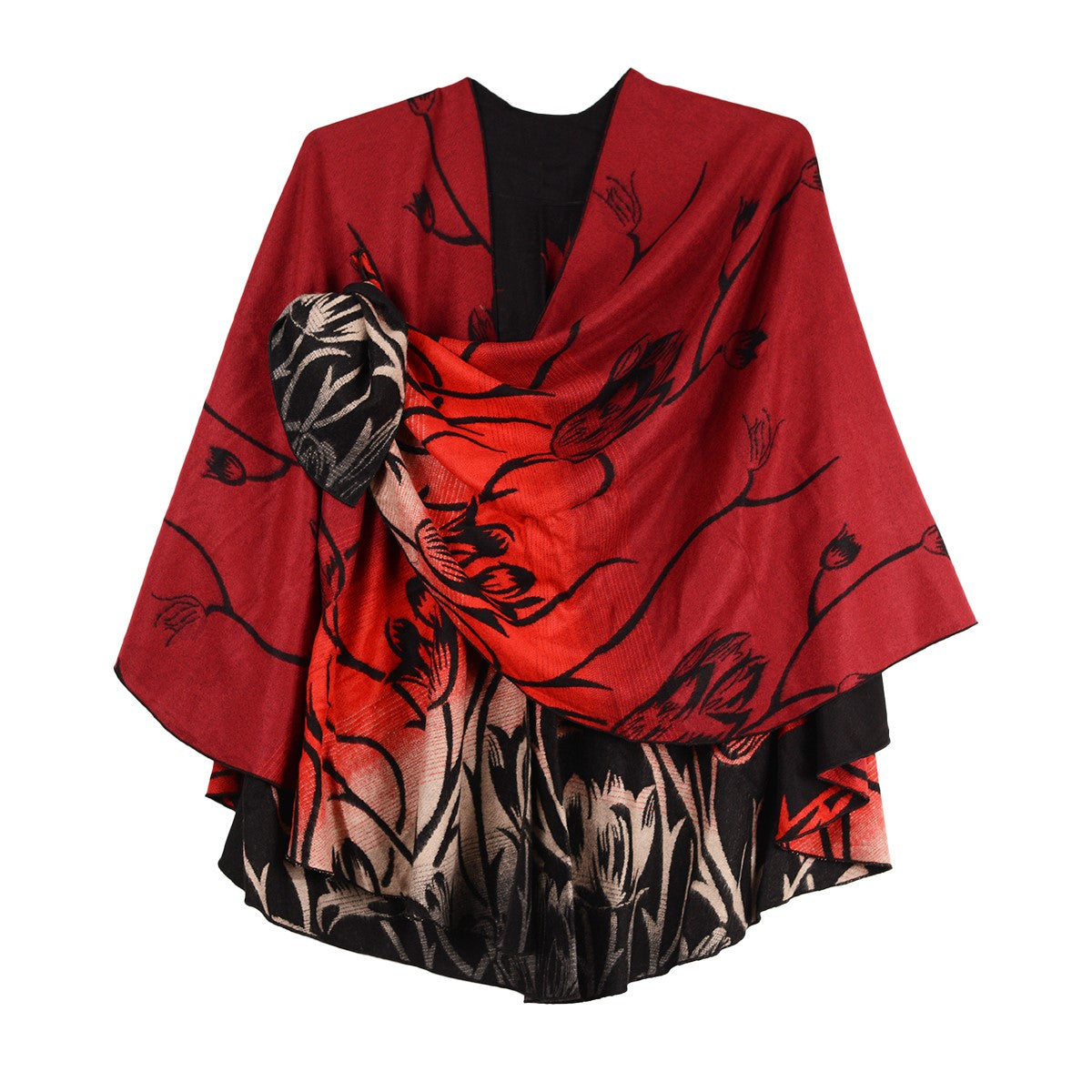 Rapti 100% Cashmere Reverse Loop Shawl (#39) RED/BLK/WHT TULIP