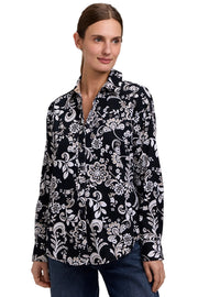 Foxcroft Margie Abstract Daisy Long Sleeve Shirt w/ Roll Tab (205840)(Black Multi)
