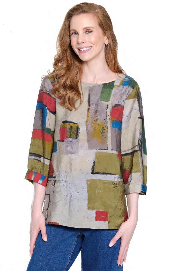 Ali Miles Woven Multi Block Abstract Popover Round Neck Tunic (A35401TM)