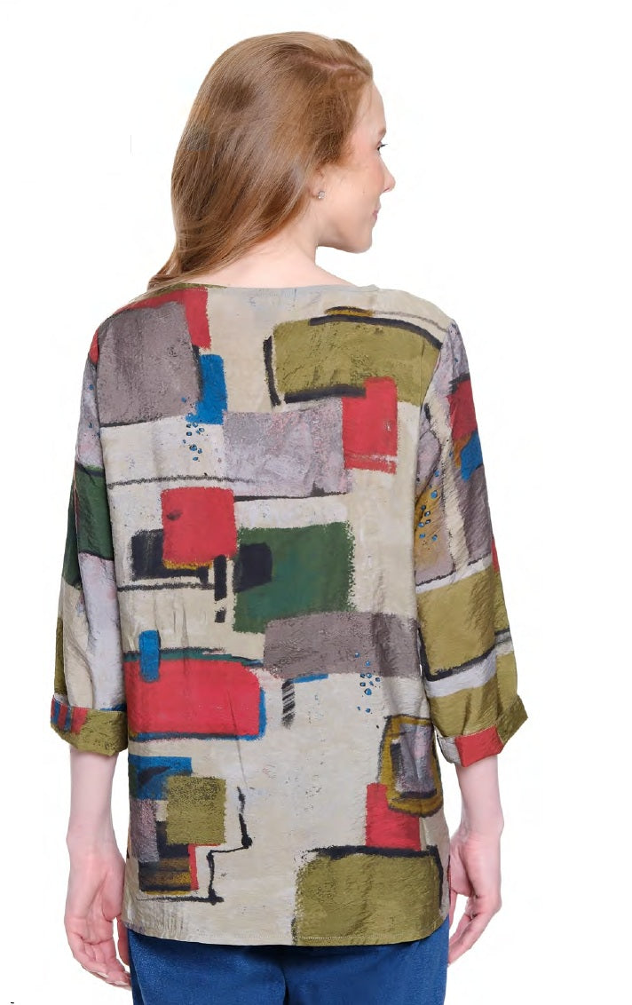 Ali Miles Woven Multi Block Abstract Popover Round Neck Tunic (A35401TM)