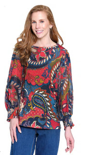 Ali Miles Knit Leaf Multi Print Popover Tunic (RED/MULTI) (A35407JM)