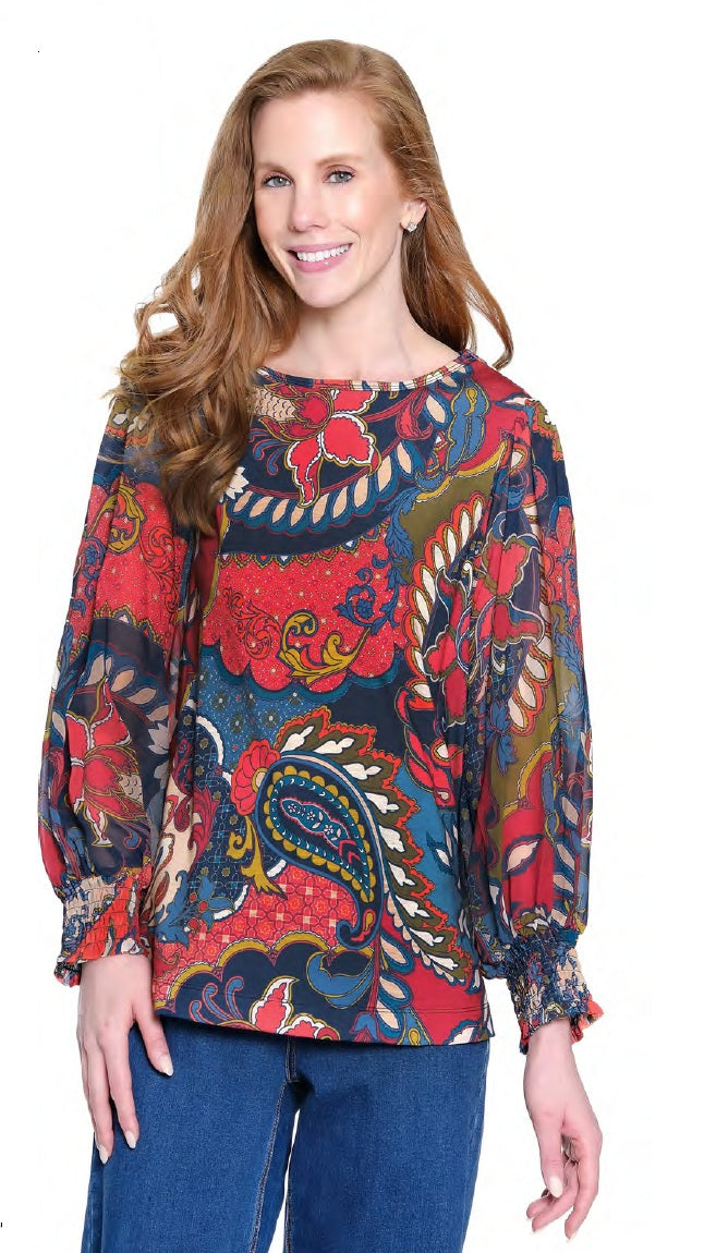 Ali Miles Knit Leaf Multi Print Popover Tunic (RED/MULTI) (A35407JM)