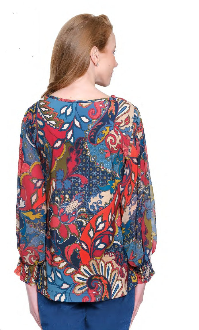 Ali Miles Knit Leaf Multi Print Popover Tunic (RED/MULTI) (A35407JM)
