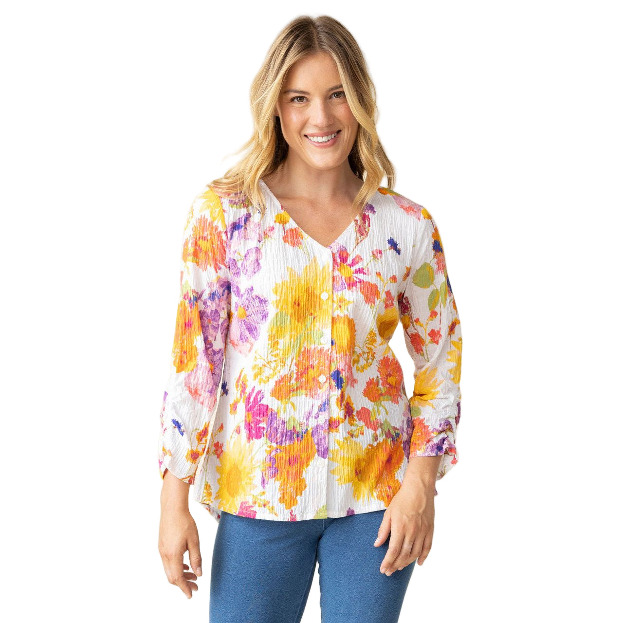 Habitat Crinkle Cotton Sunflower Ruched Sleeve V-Neck Top