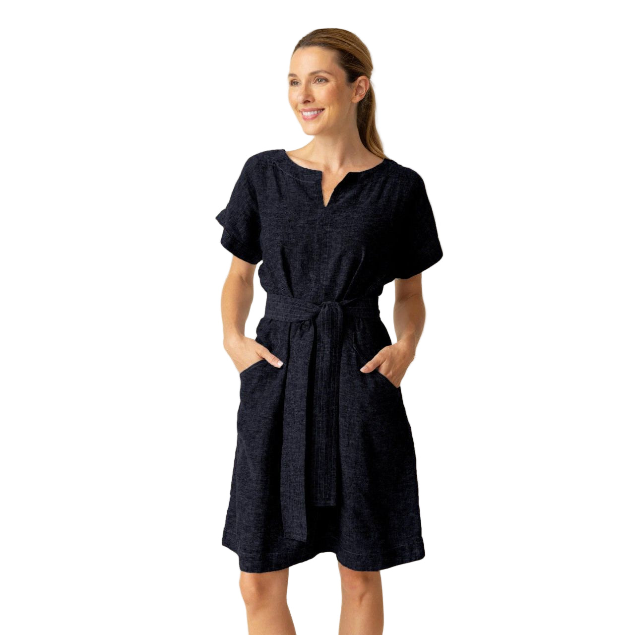 Habitat Bethany Linen Solid Black Contrast Stitching Dress