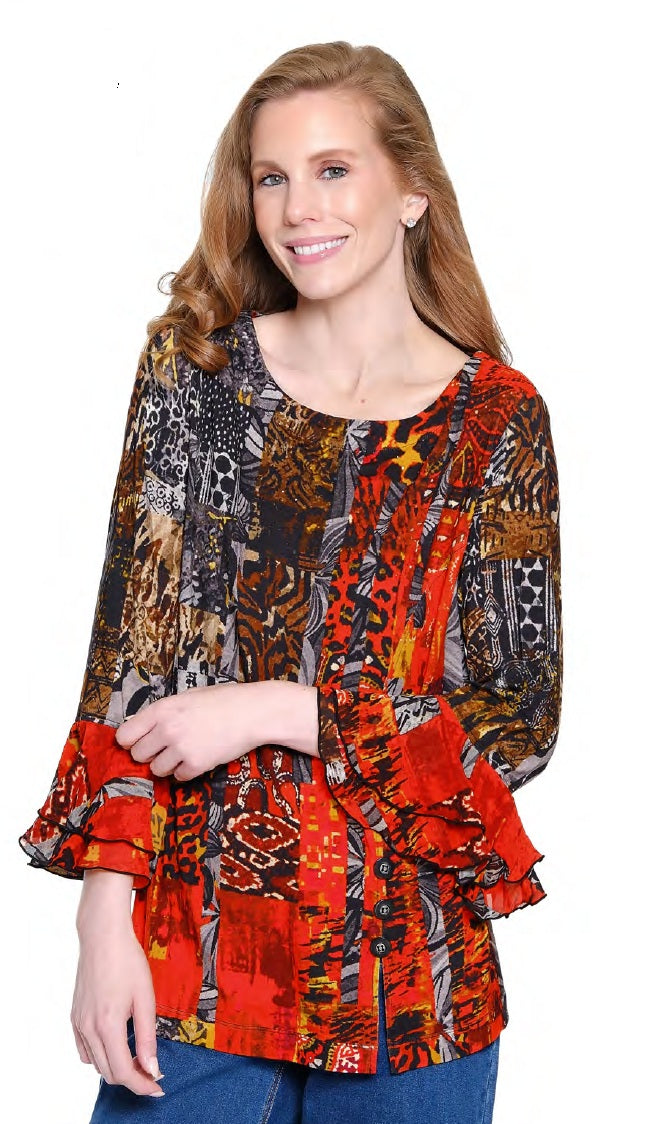 Ali Miles Knit Multi Print Ruffle Cuff Tunic (RED) (A35422TM)