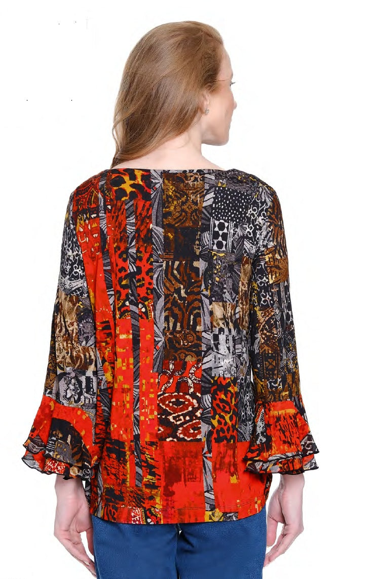 Ali Miles Knit Multi Print Ruffle Cuff Tunic (RED) (A35422TM)