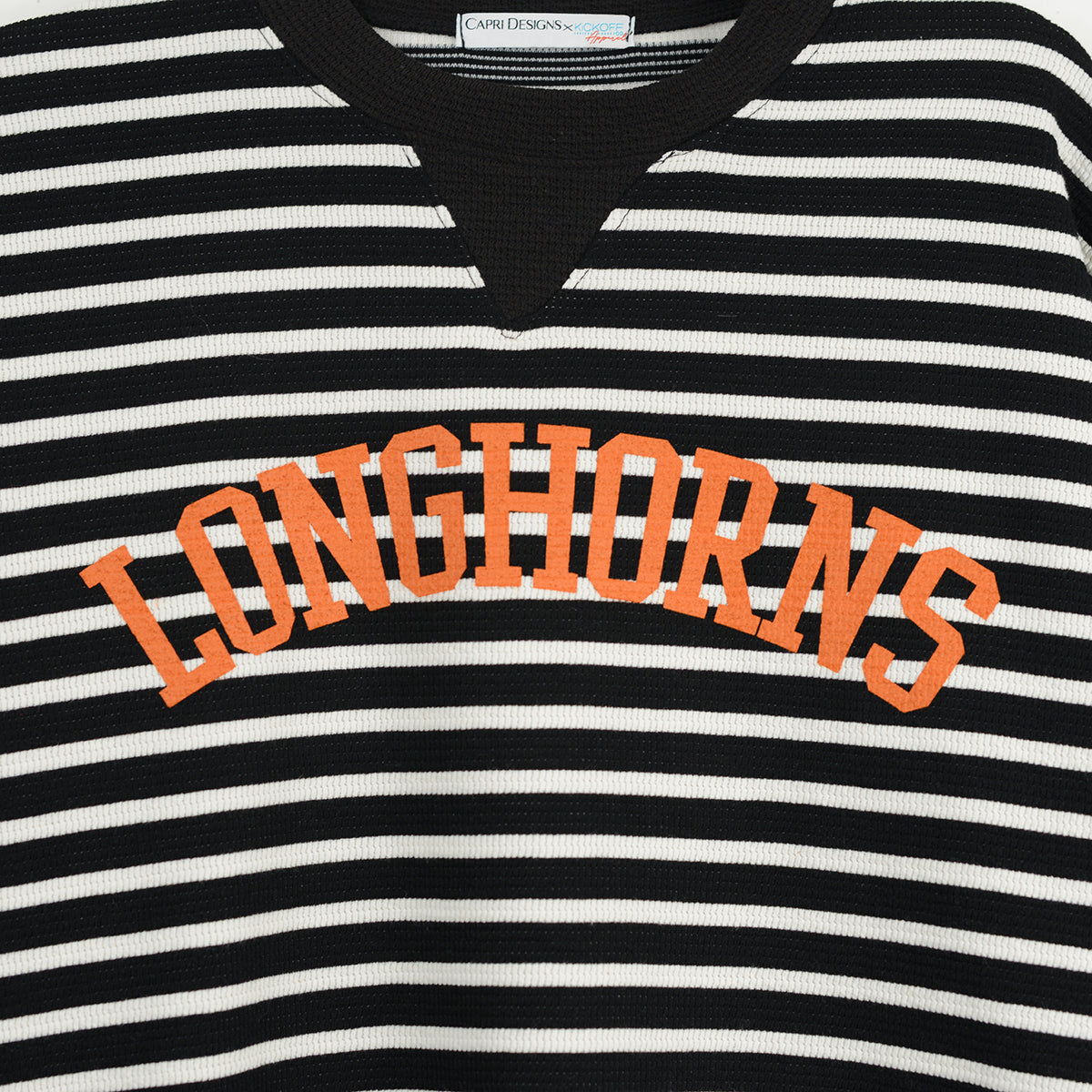Texas Longhorn Capri Designs Yard Line Striped  Waffle Knit Crewneck Pullover (K400TEX25)