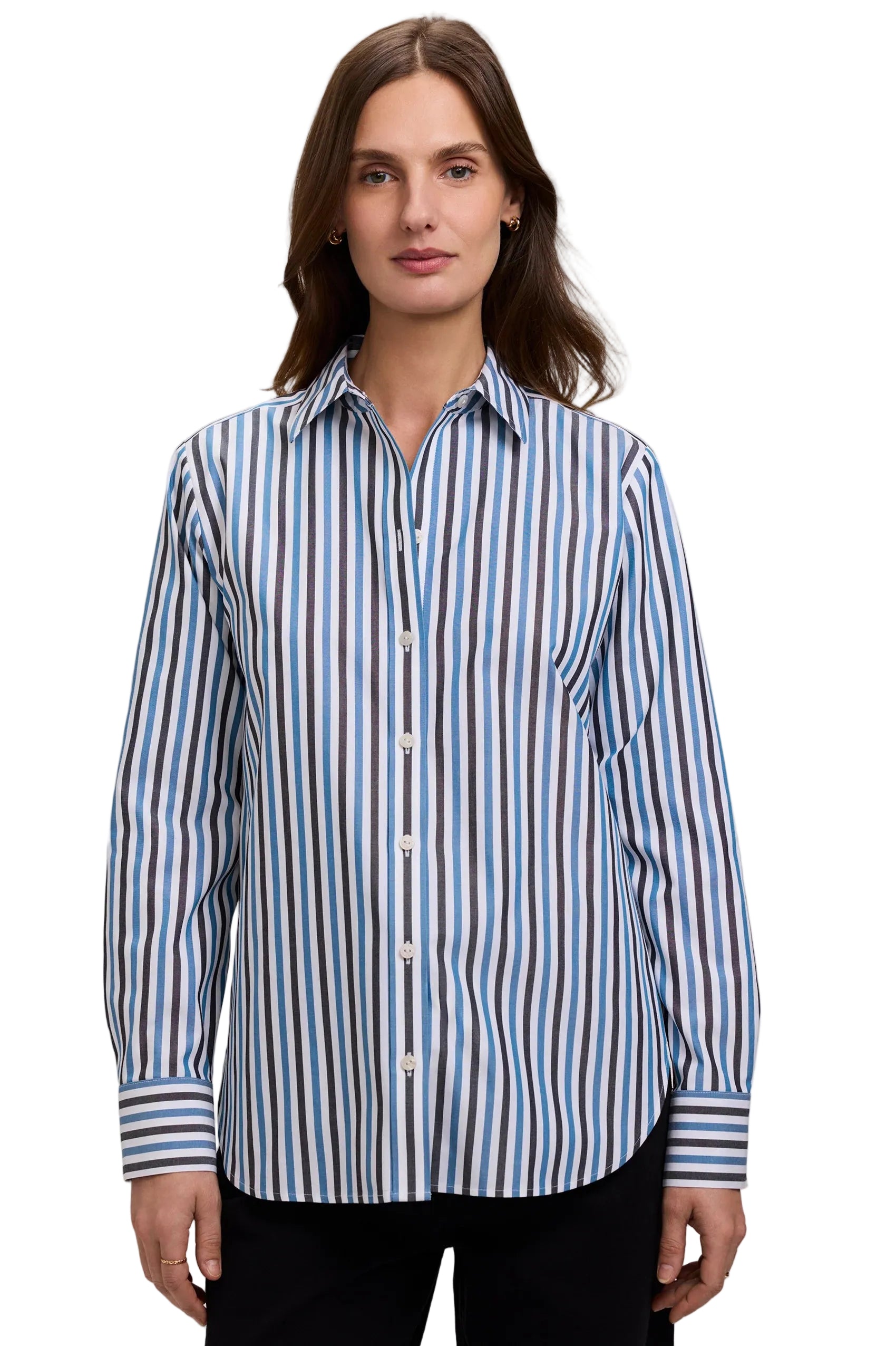 Foxcroft Meghan No Iron Pinpoint Tri Stripes Long Sleeve Shirt (205813)