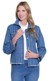 Multiples Cuffed Sleeve Faux Pocket Button Front Fringed Rhinestone Stripe Jean Jacket