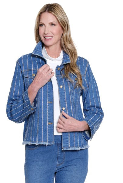 Multiples Cuffed Sleeve Faux Pocket Button Front Fringed Rhinestone Stripe Jean Jacket