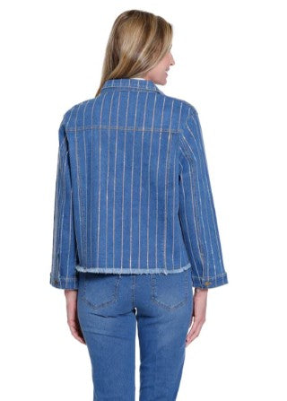 Multiples Cuffed Sleeve Faux Pocket Button Front Fringed Rhinestone Stripe Jean Jacket