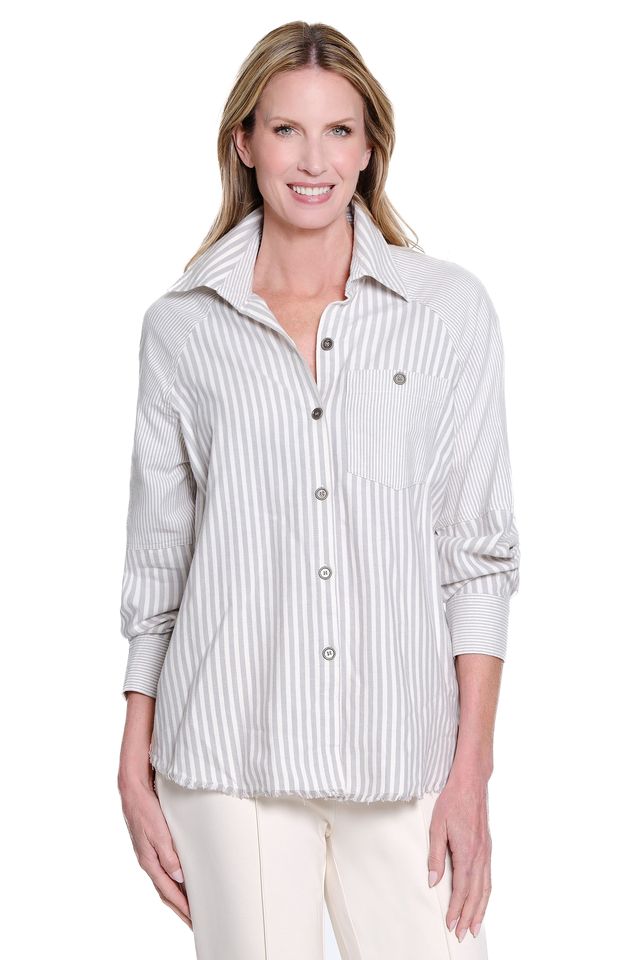 Multiples Petite Block Stripe Pattern Cuffed Button Front Shirt (2 Colors)