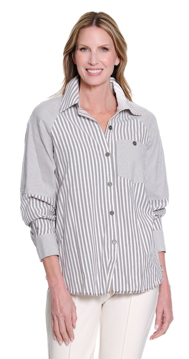 Multiples Petite Block Stripe Pattern Cuffed Button Front Shirt (2 Colors)