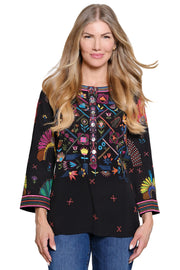 John Mark Embroidered Button Front Print Back Tunic (J45530TM) (BLK)