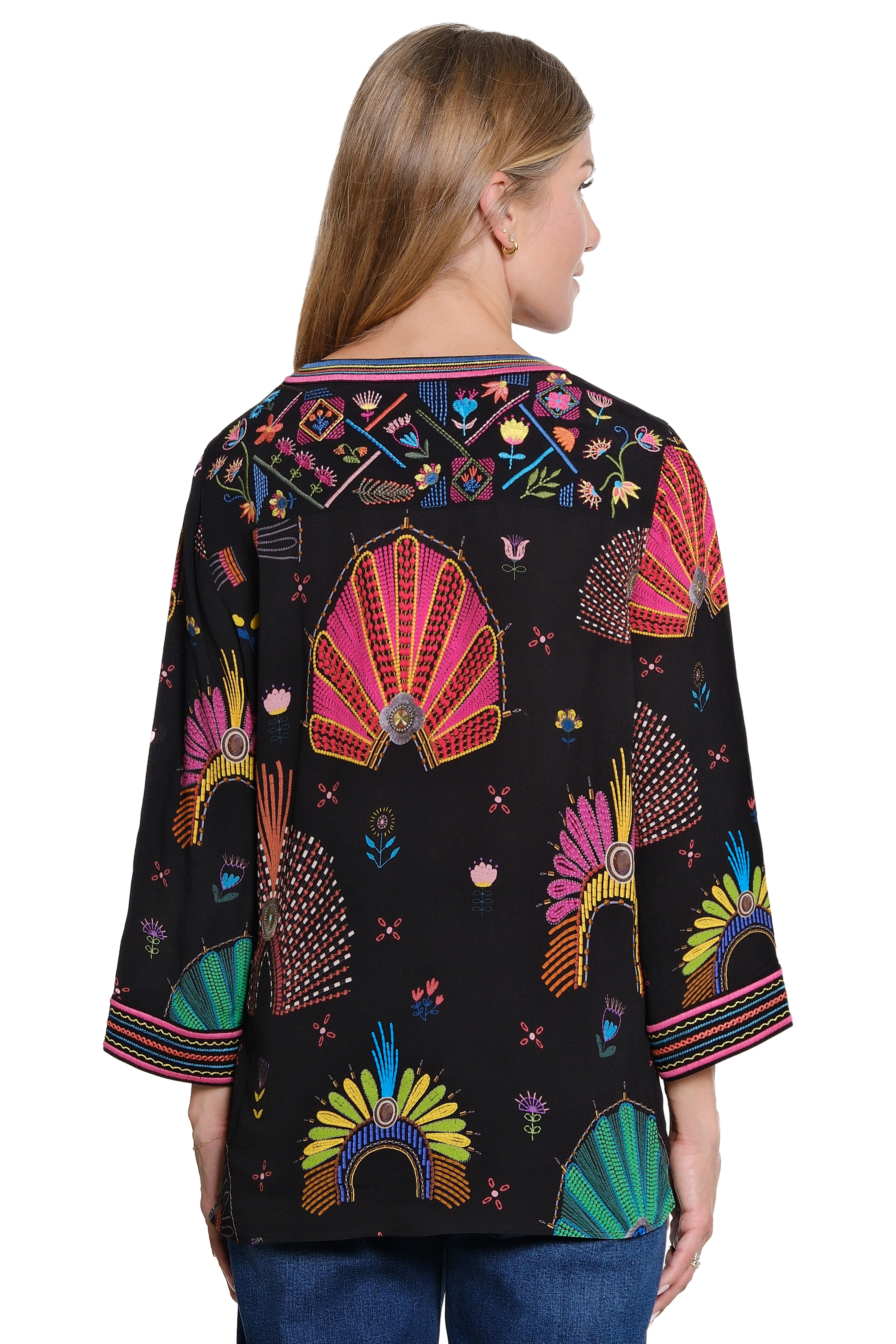 John Mark Embroidered Button Front Print Back Tunic (J45530TM) (BLK)