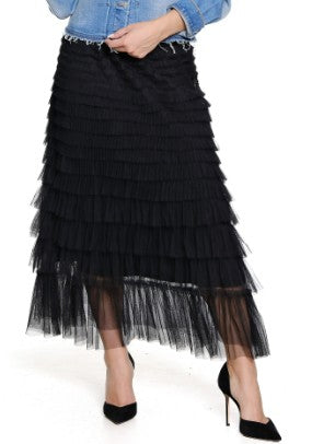 John Mark Tiered Tulle Lined Pull On Skirt (J45566SM) (BLK)