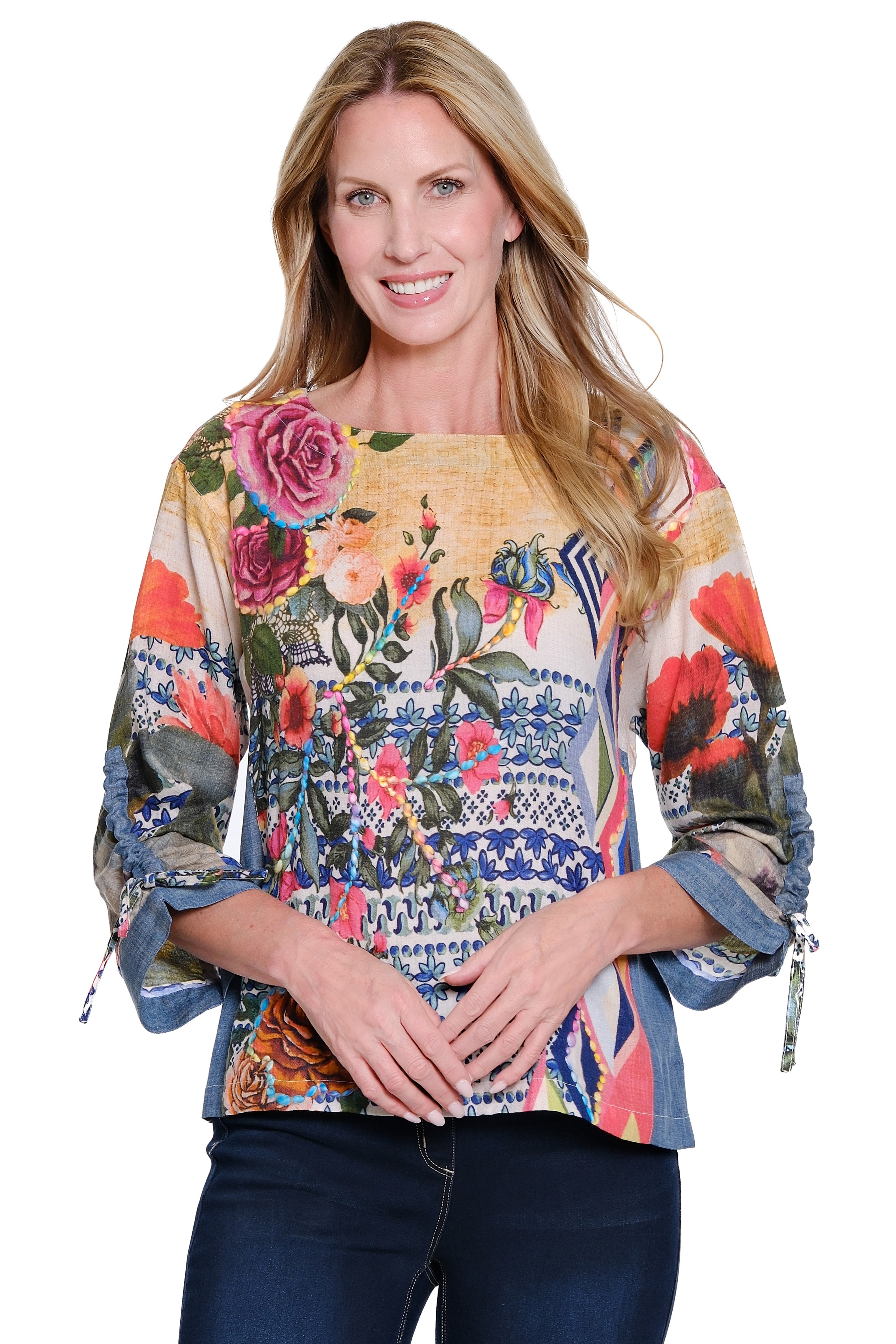 John Mark Embroidered Tie Cinch Sleeves Pull-Over Top (J45540TM) (MULTI)