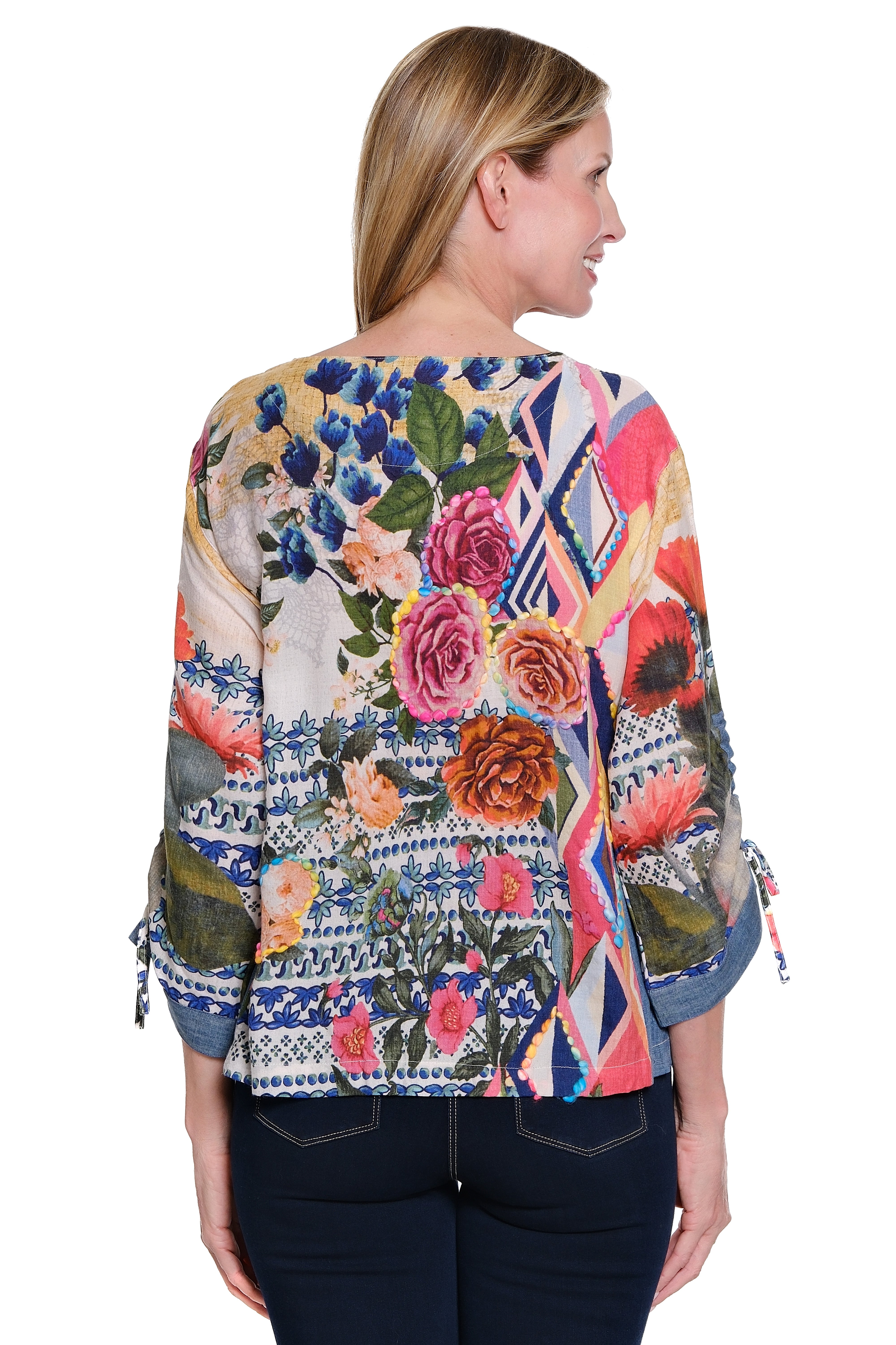 John Mark Embroidered Tie Cinch Sleeves Pull-Over Top (J45540TM) (MULTI)
