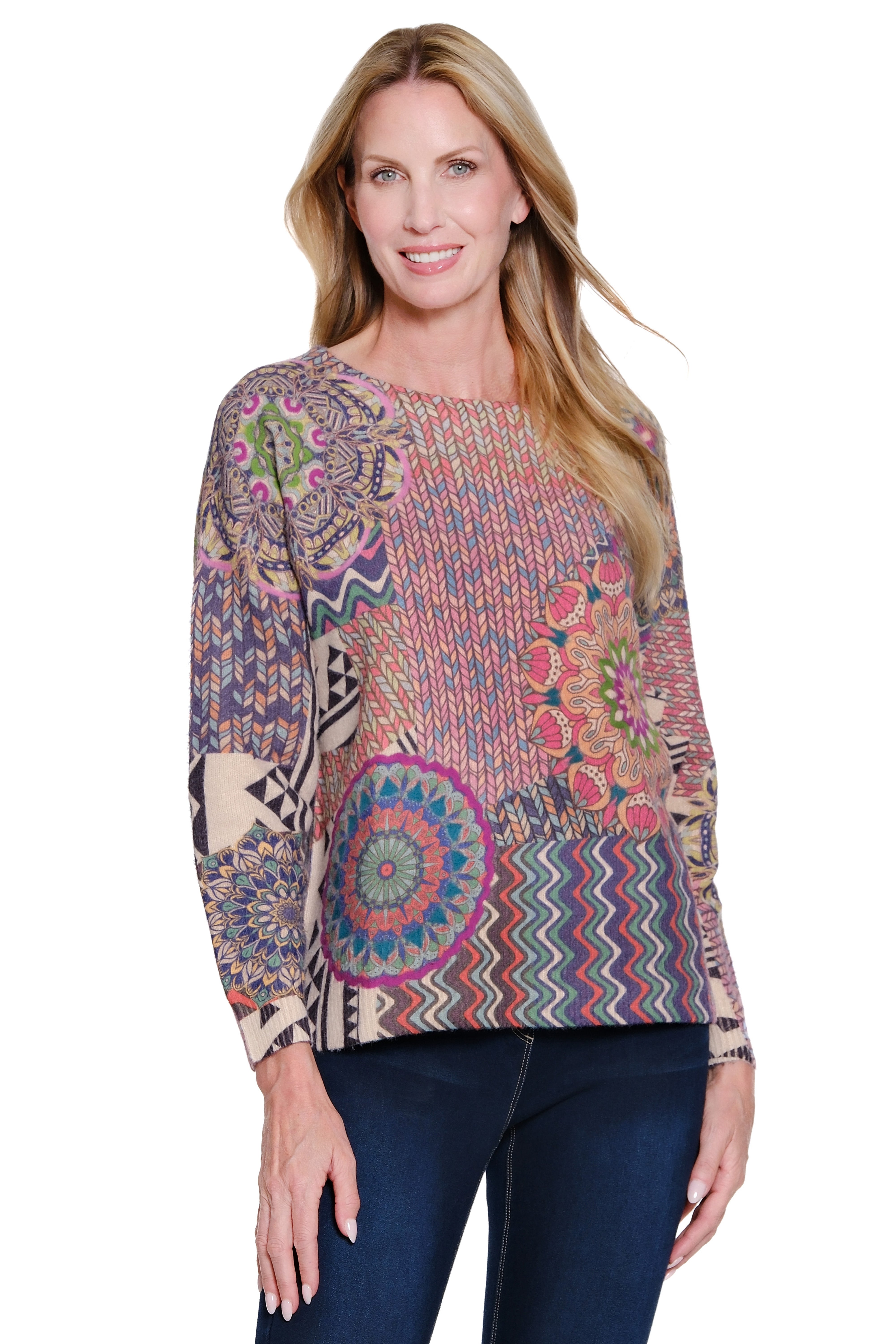 John Mark Multi Print Pull-Over Sweater with Felting Details (J45565KM) (MULTI)