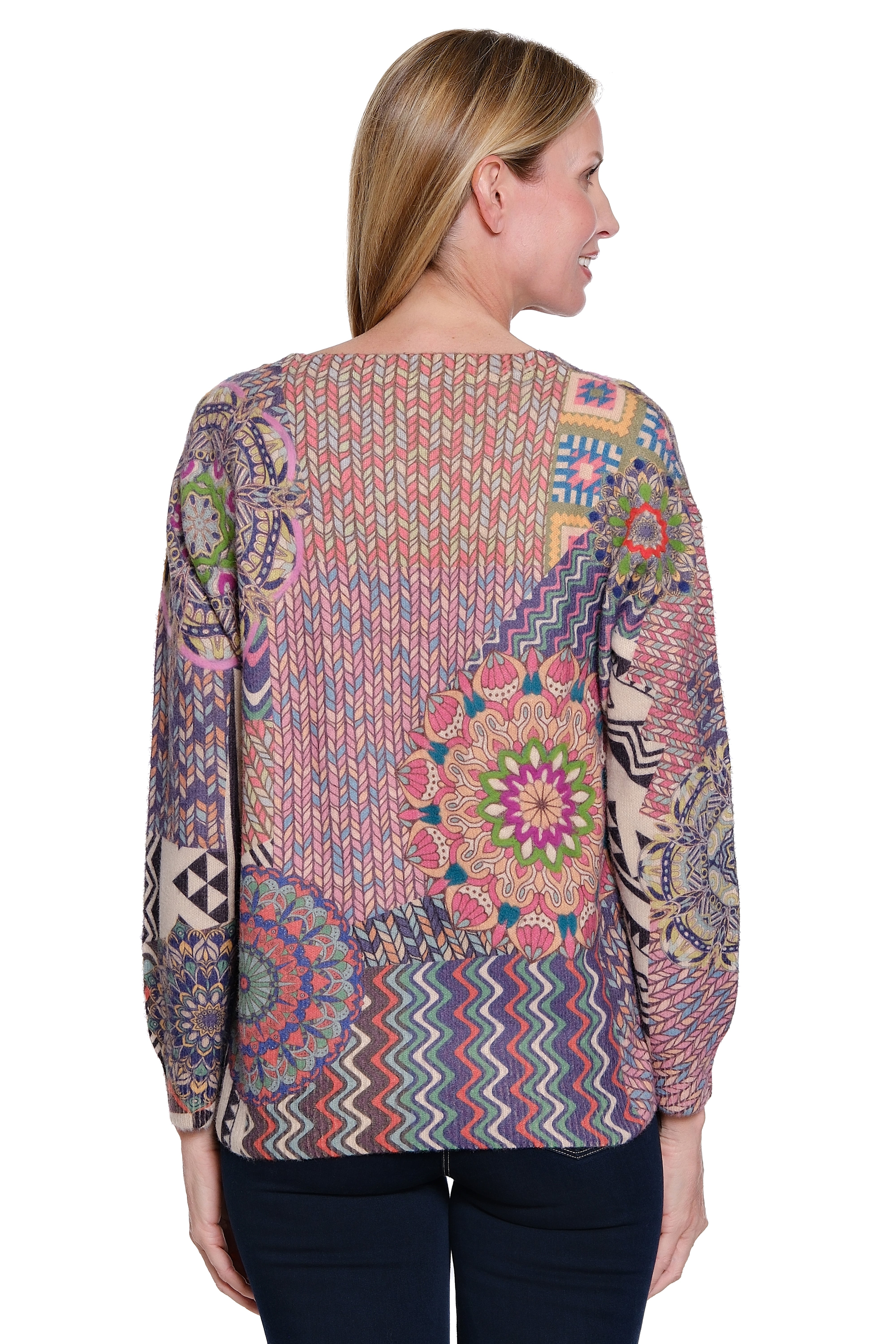 John Mark Multi Print Pull-Over Sweater with Felting Details (J45565KM) (MULTI)