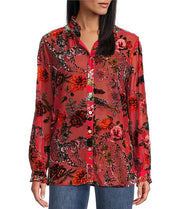 John Mark Floral Cheetah Burnout Velvet Button Front Shirt (RED)