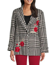 John Mark Plaid Tweed Fringe & Embroidered Detail Jacket