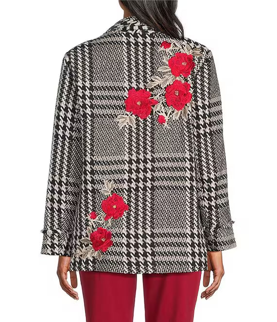 John Mark Plaid Tweed Fringe & Embroidered Detail Jacket