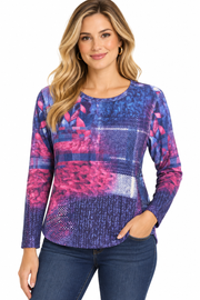 Multiples Petite Long Sleeve Scoop Neck Rhinestone and Faux Button Back Knit Top (M46510TP)