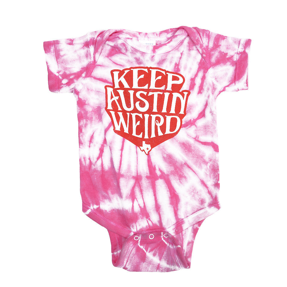 Hot Pink and White Tie Dye with Red & Yellow "Keep Austin Weird" Front and Center Make This Austin Powers Style Onesie a Hit