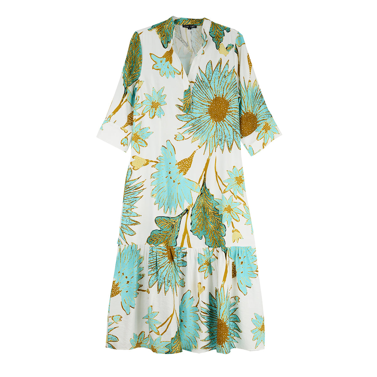 Boho Chic One Button Big Flower  Pull-Over Long Dress (5267249)(Turq/White)