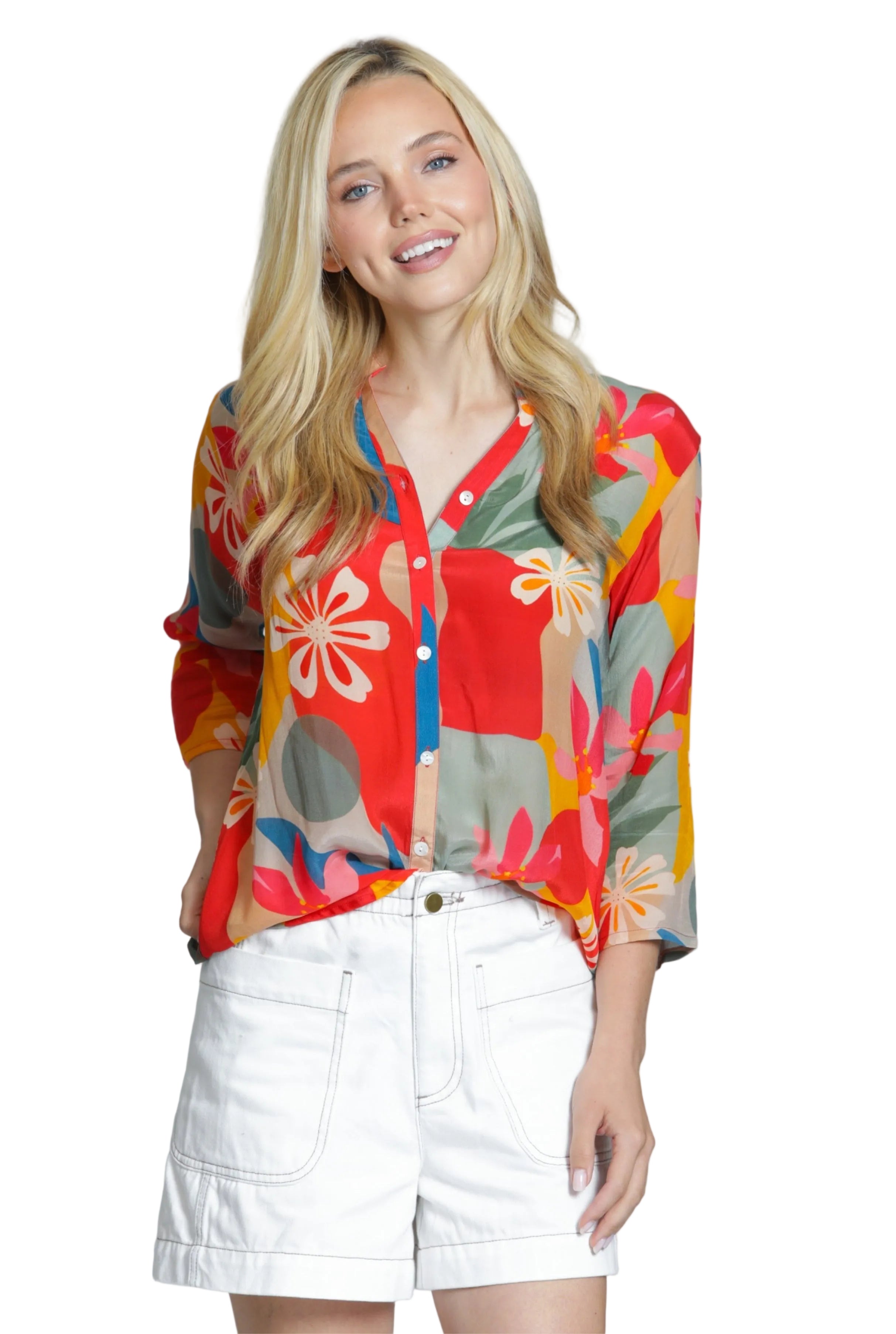 APNY 3/4 Sleeve Mandarin Collar Button Blouse (544P/C-576D/NC)(Orange/Gold/Multi)