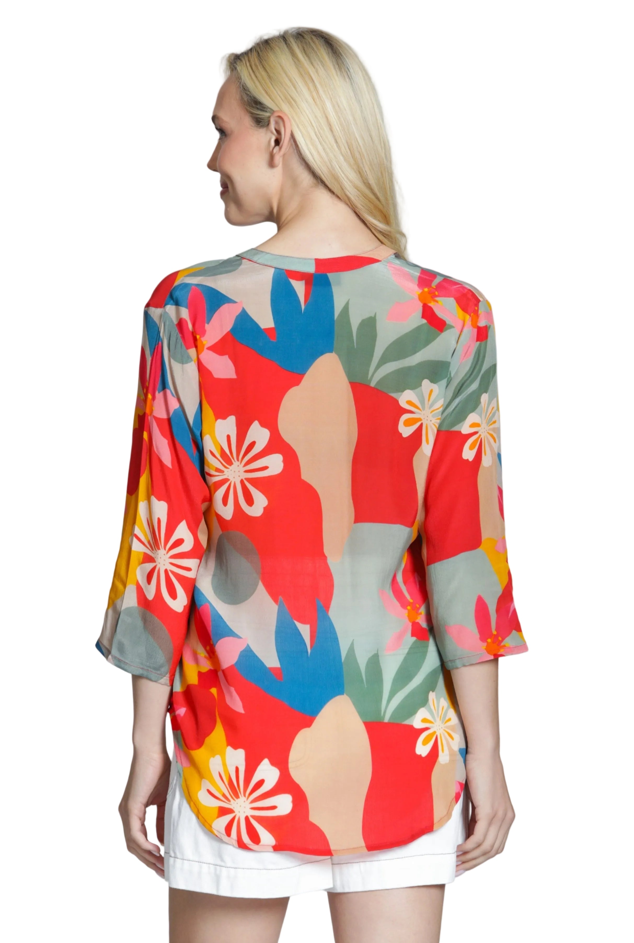 APNY 3/4 Sleeve Mandarin Collar Button Blouse (544P/C-576D/NC)(Orange/Gold/Multi)