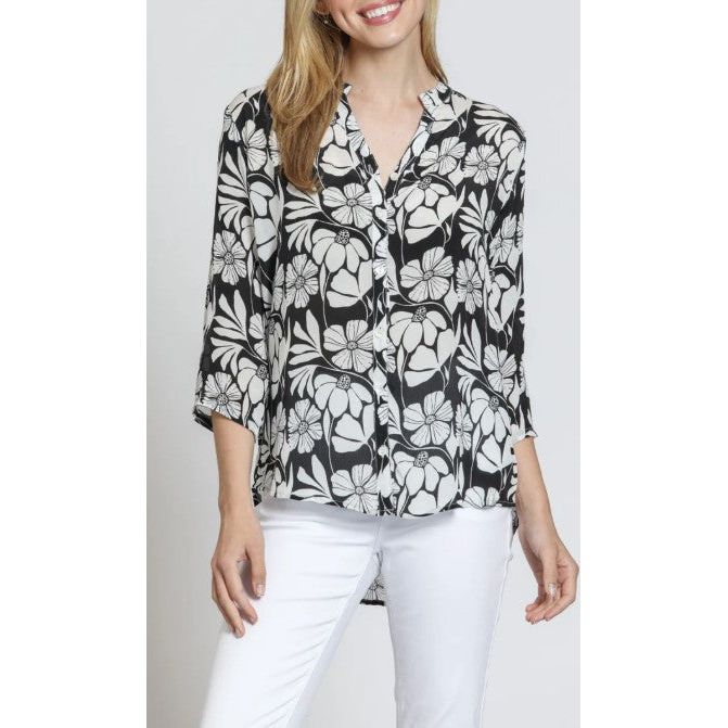 APNY Black & White Floral Print Mandarin Collar Shirt