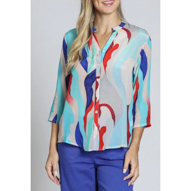 APNY Turquoise Print Mandarin Collar Shirt