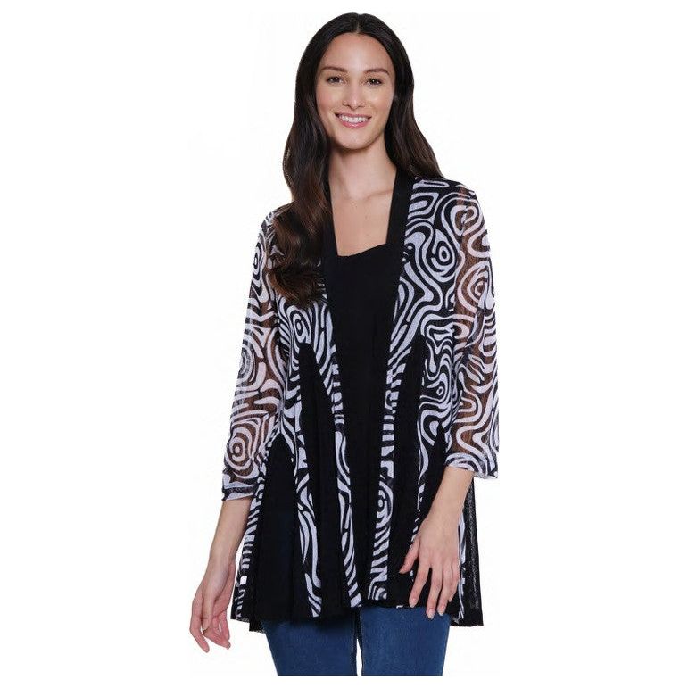 Ali Miles Mesh Black & White Print Open Kimono (A55103JM)
