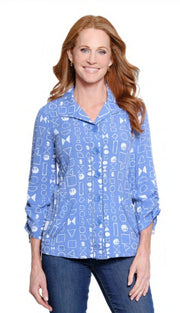 Ali Miles Woven Geo Full Button Front Point Collar Tunic (BLU/WHT)