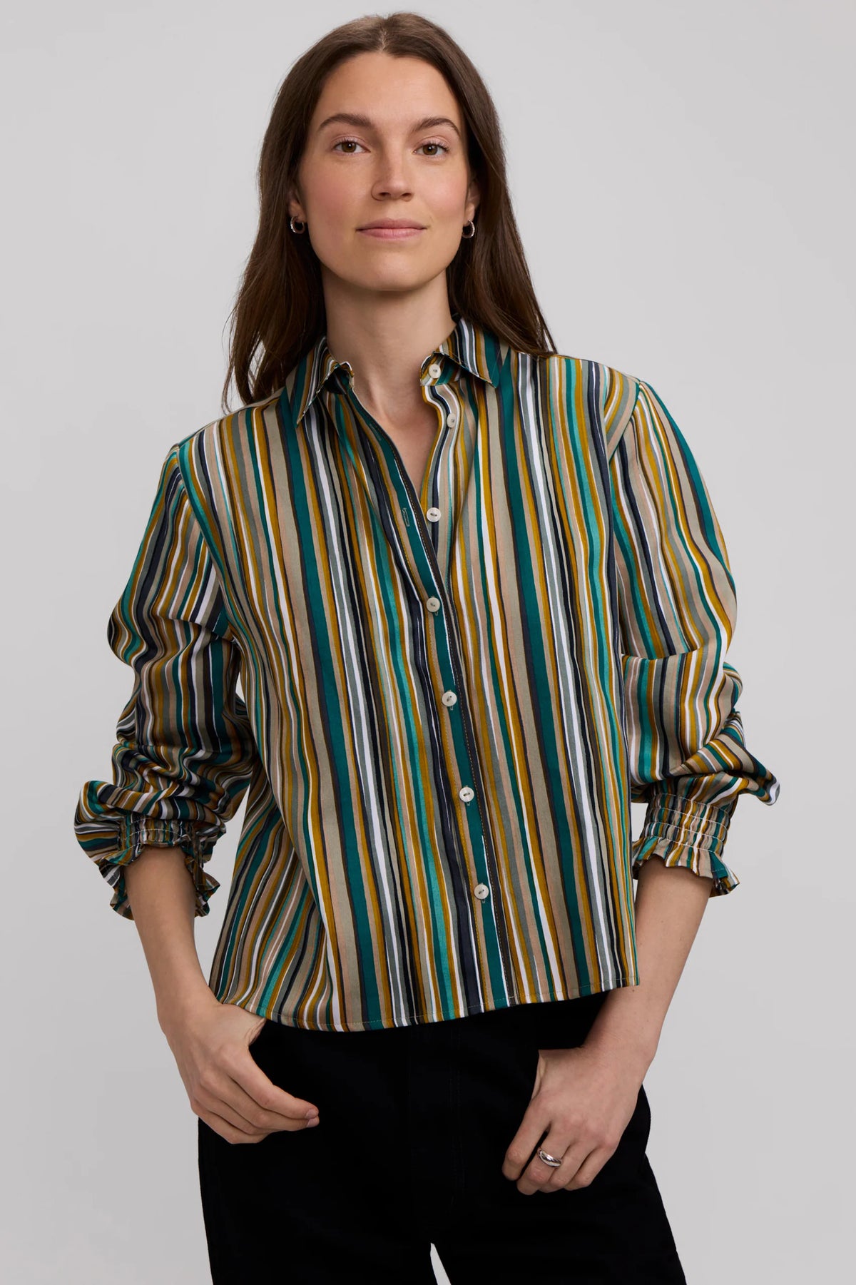 Foxcroft Vivienne Watercolor Stripe Long Sleeve Short Shirt (205939)