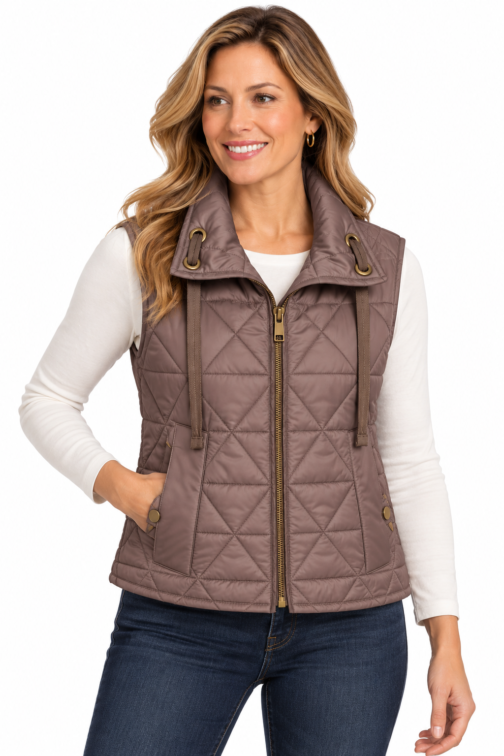 Multiples Woven 2 Pocket Waist Zip Thru Drawstring Collar Vest (M46109VM) (2 Colors )