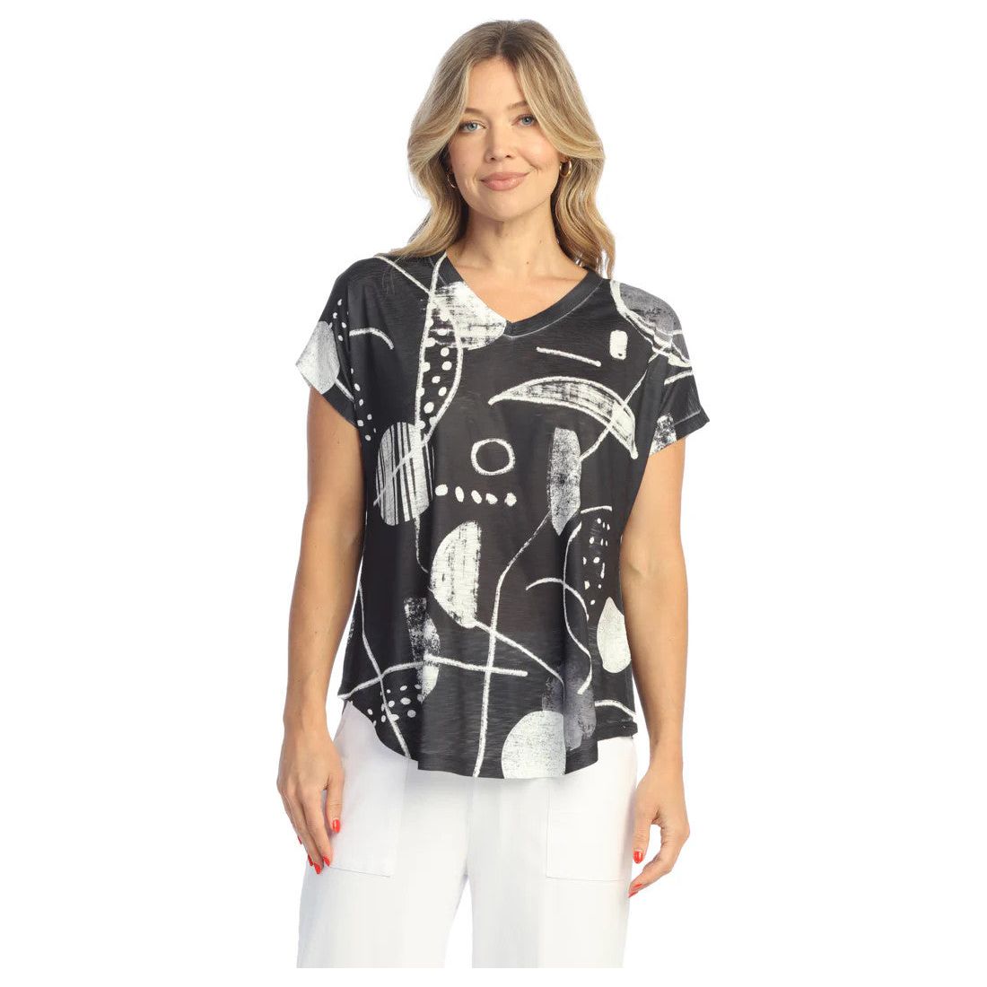 Jess & Jane Canvas V-Neck Dolman Sleeve Top (BLK/WHT)