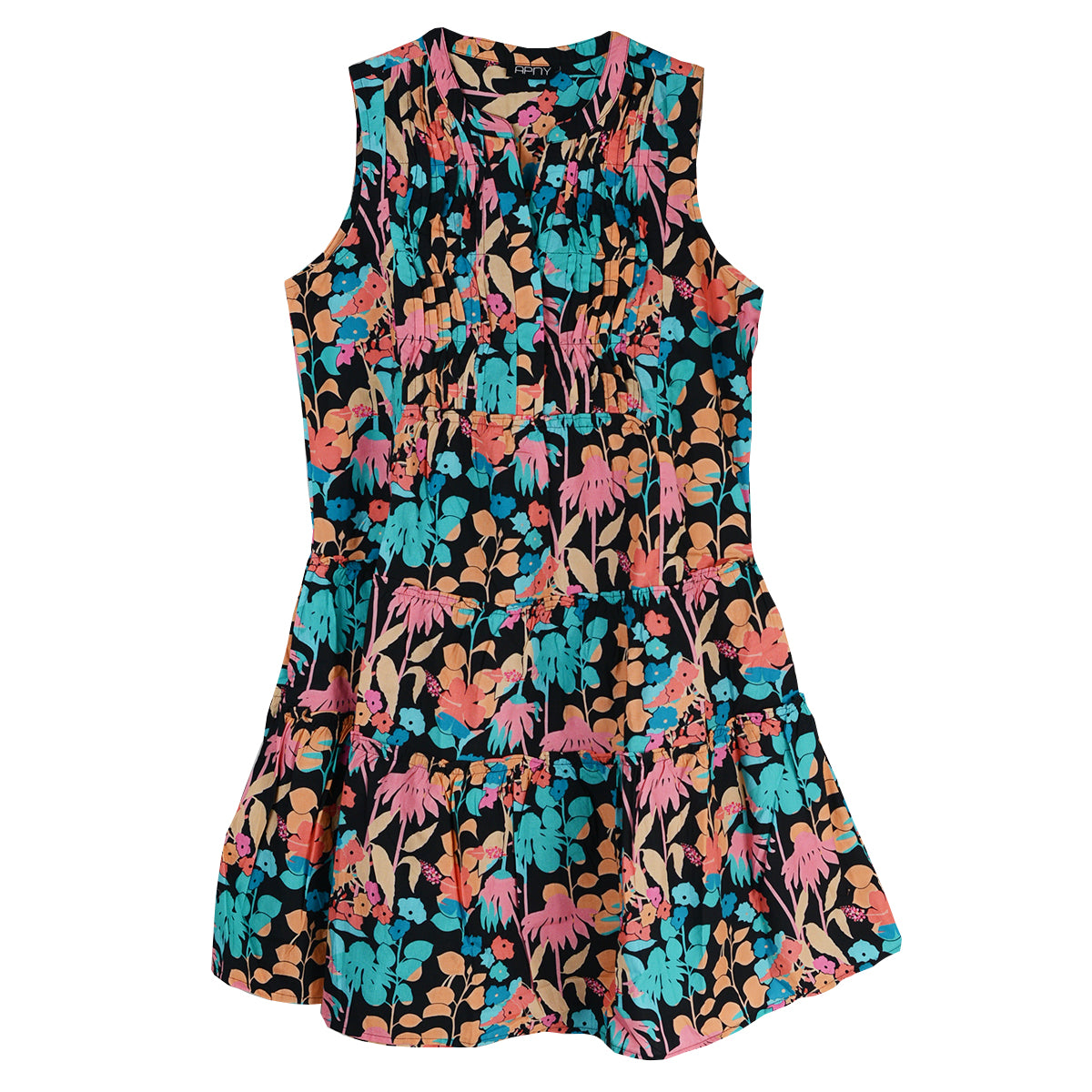 APNY Pin-Tuck detailing  Sleeveless  Button Dress (T24P/C-342D/CT)(Pink Turquoise Multi)