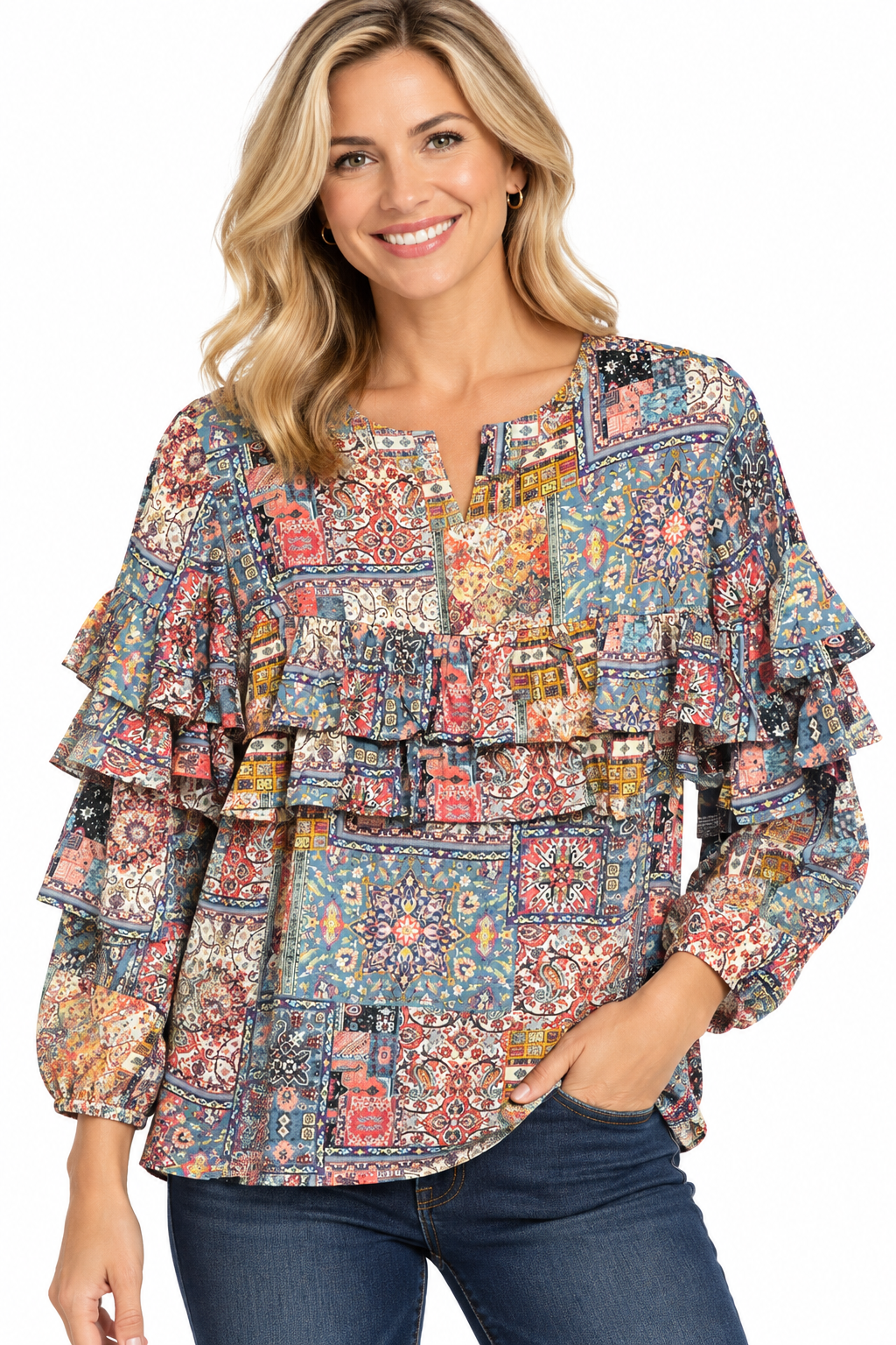 APNY Ruffled Peasant Blouse (T126P/C-875D/NC)(Dusty Rose and Mineral Multi)